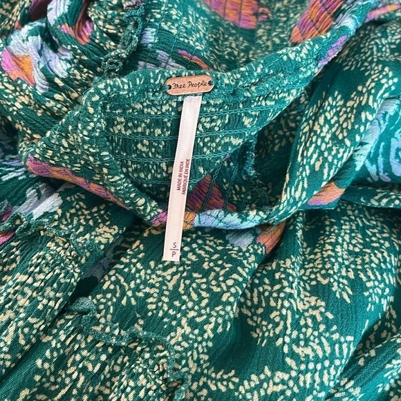Free People Floral Dress Women’s S Green Open Back Puff Sleeve Smocked Summer - Picture 9 of 10
